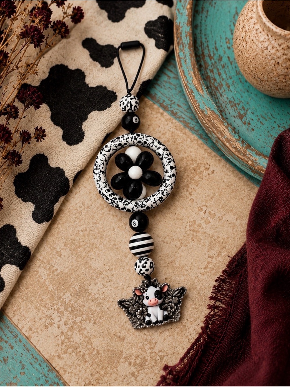 Black and White Beaded Car Charm